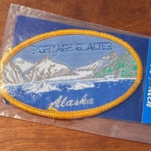 vintage embroidered souvenir patch featuring Portage Glacier, Alaska.